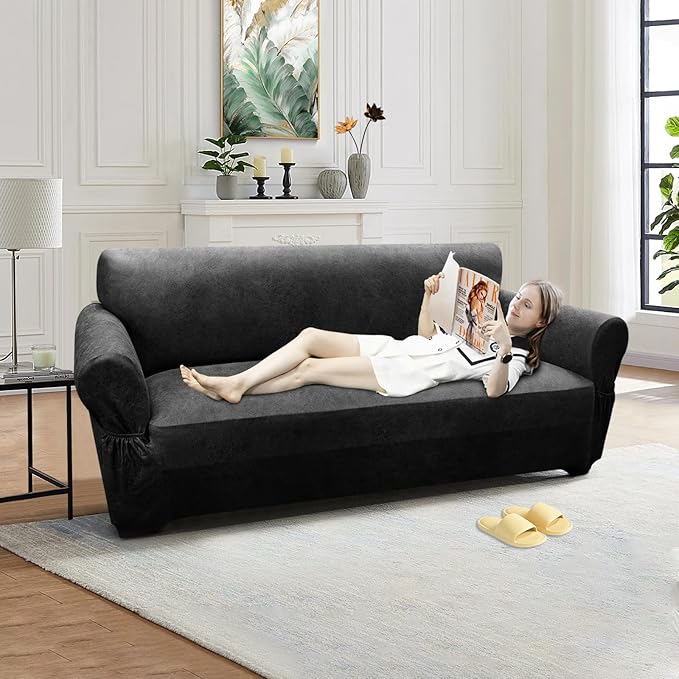 Loveseat Sofa Slipcover Leather Look Couch Covers for 2 Seater Couch Sofa 1-Piece Sofa Cover Stretch Furniture Protector with Elastic Bottom & Pockets(Loveseat, Dark Grey)