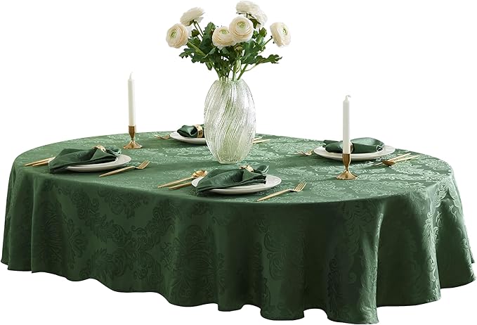 Newbridge Barcelona Damask Fabric Tablecloth, 60 x 84 Inch Oval, Hunter Green – No Iron, Soil Resistant Table Cover for Dining, Parties and Holidays
