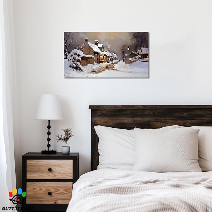 GUTTATY Christmas Winter Scene Canvas Wall Art, Snowy Village Canvas Prints, Cozy Town Holiday Picture Wall Decor, Rustic Winter Landscape Poster for Living Room Bedroom, 40x20 Inch