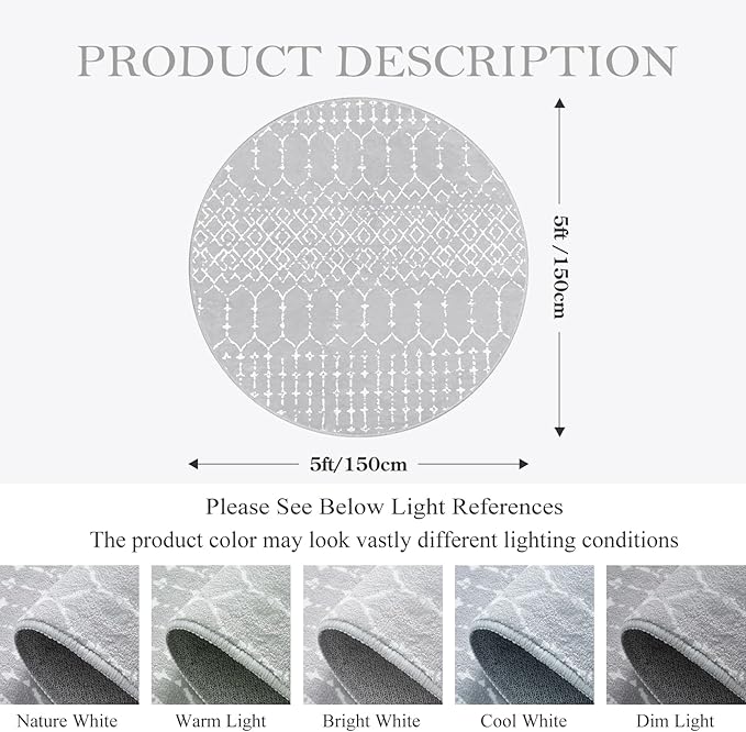 Lahome Moroccan 5Ft Round Rug - Machine Washable Round Bedroom Carpet Grey Non-Slip Throw Circle Rugs for Living Room Low-Pile Large Round Rug, Modern Geometric Print Carpet for Office Dining Room