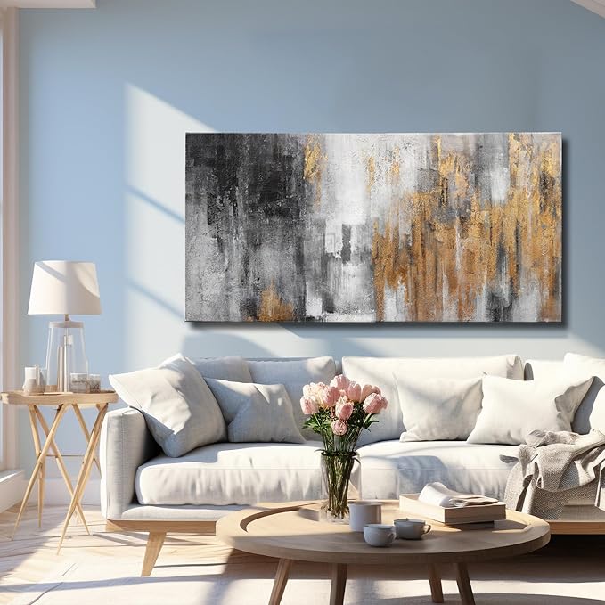 YJYart Black and Gold Wall Art - Hand Painted Painting - Vintage Decor for Living Room -Abstract Picture for Bedroom Office Hotel 24x48 Inch