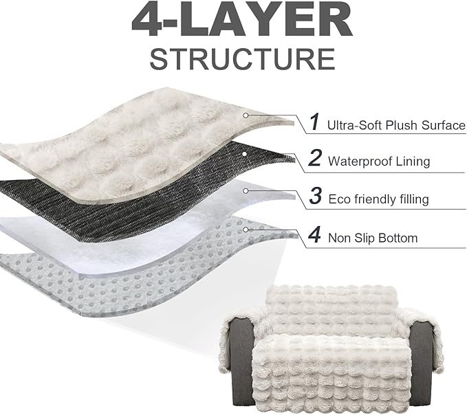 Plush and Fuzzy Shaggy Couch Cover, Dog Pad Faux Fur Sofa Cover, Water Resistant Slipcover, Non-Slip Furniture Protector for Kids,Dogs,Cats.(White-Bubble, Medium Loveseat)
