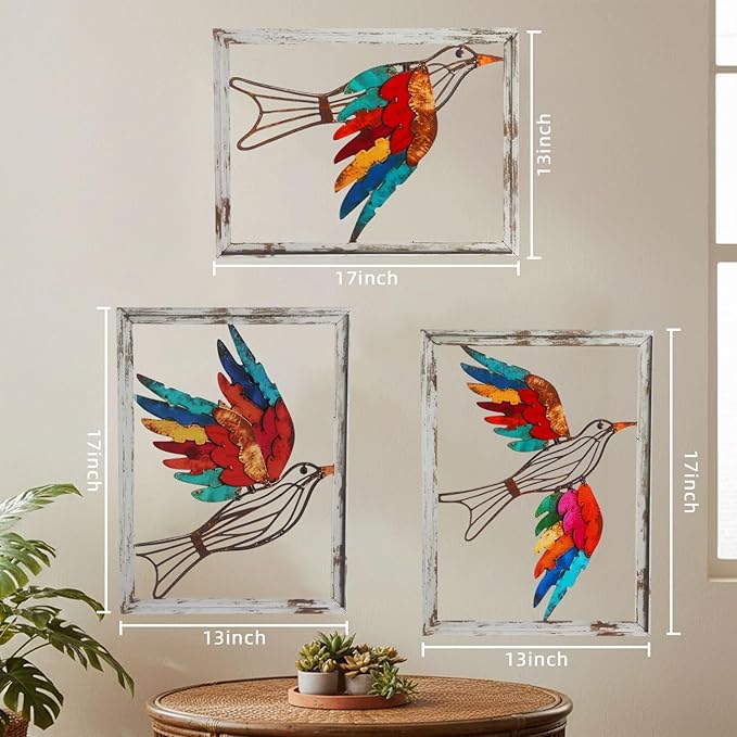 Newinhome Boho Metal Wall Art Birds,Wall Decor Colorful Bird 3 Pieces, Rustic Bird Wall Art,Farmhouse Home Wall Decor for Living Room Bedroom Bathroom house warming gift