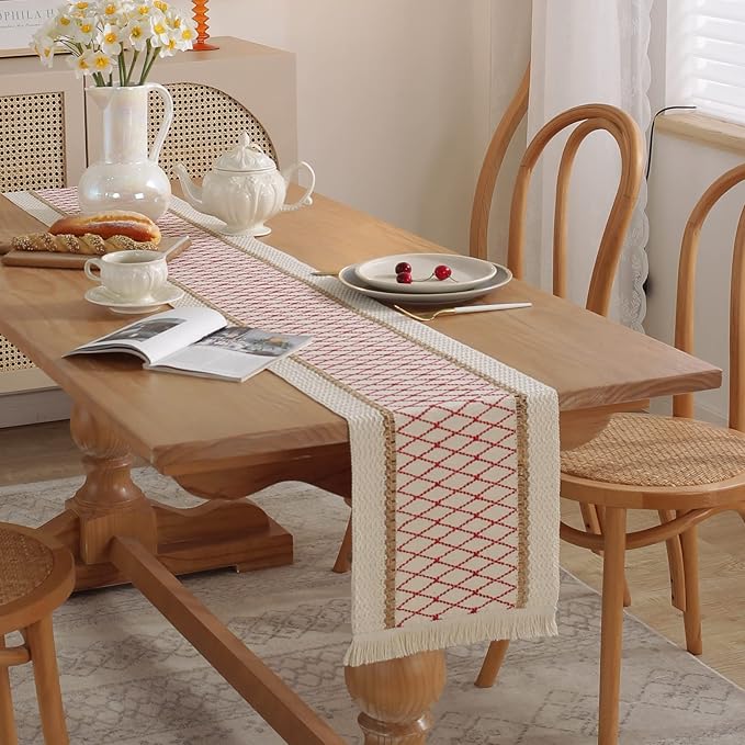 Boho Burlap Macrame Table Runner, Farmhouse Style Cotton Linen Rustic Woven Table Runner with Tassels for Dining, Wedding, Bridal Shower, Bohemian (12x108 inch, Red Grid)