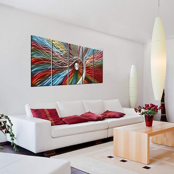 Metal Wall Art with Colorful Fantastic Tree Design, Abstract Modern and Contemporary Décor, Handcrafted Metal Wall Sculpture, Unique Aluminum Artwork, Indoor and Outdoor decoration, 5 panels 64"x24"