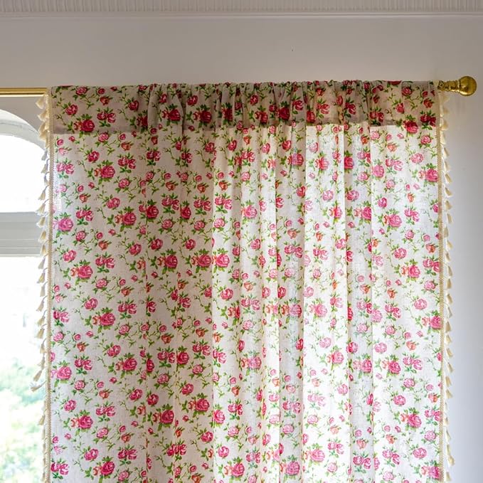 OYX Boho Curtains 63 Inch Length 2 Panels for Living Room, Bedroom Light Filtering Drapes, Farmhouse Vintage Country French Rustic Tassels Pattern Rod Pocket Aesthetic Decor Window Treatments
