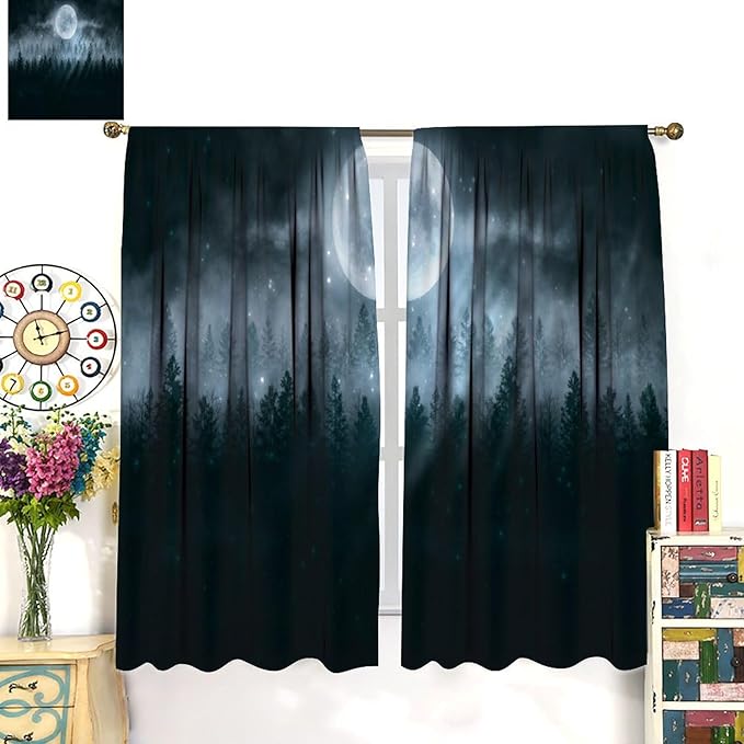 Gothic Forest Moon Blackout Curtains, Black Tree Foggy Moon Star Halloween Nature Starry Horror Window Drapes, for Living Room Bedroom 36(W)*63(L) 2 Panels