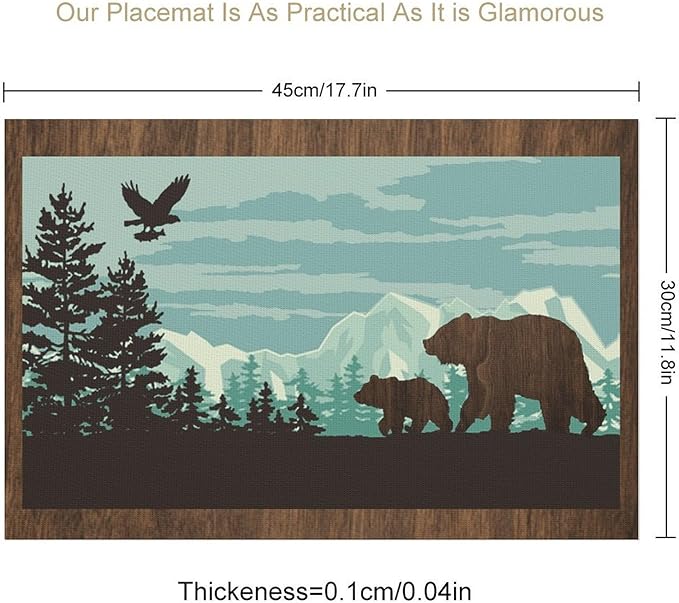 Rustic Bear Placemat Set of 4, 12x18 Inch Retro Blue Wooden Wildlife Animal Forest Pine Tree Cabin Country Lodge Coffee Table Mats for Farmhosue Outdoor Kitchen Dining Table Decoration
