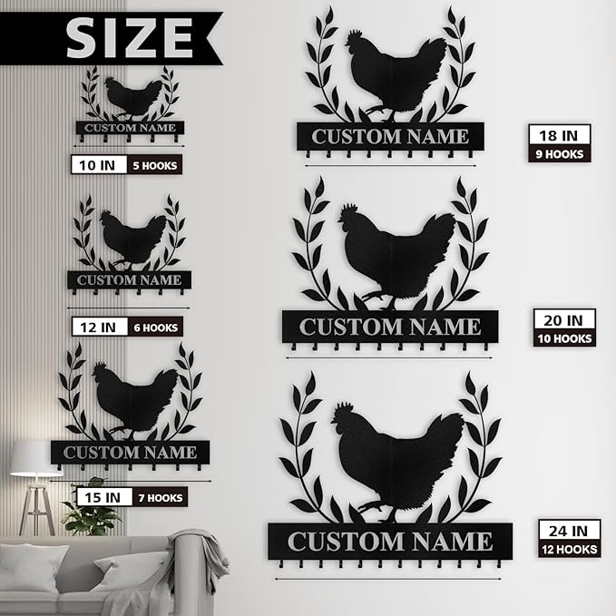 Custom Key Rack Wall Mount - Custom Chicken Metal Coat Hooks for Wall, Coat Rack Organizer, Key Hanger Wall Art Decor, Key Rack Storage for Farmhouse Storeroom Entryway, Housewarming Gifts