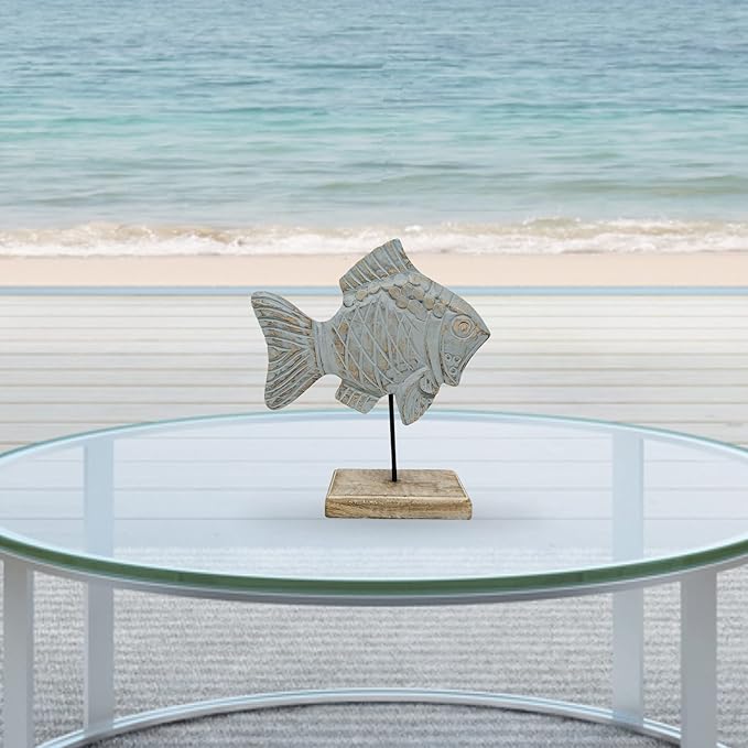 Farmhouse World Wooden Fish Sculpture Home Decor | Handmade Fish Statue on Base Stand Sea Nautical Beach House Decor Art Piece | Rustic Centerpiece Table Decor for Office, Living Room (Damsel Fish)
