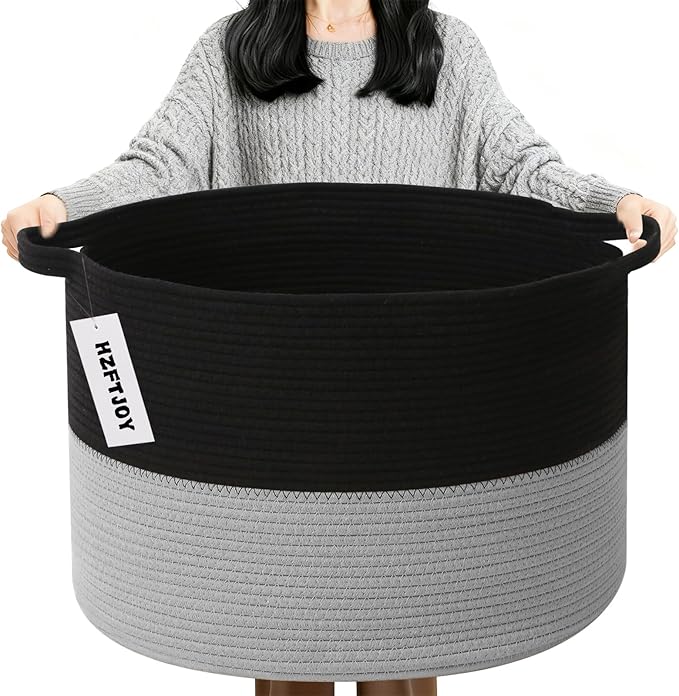 Large Blanket Basket for Organizing,115L Closet Organizers and Storage Bins Box for Shelves Woven Rope Storage Baskets,Living Room,Bedroom,Dorm,Laundry room (Black&Light Grey)