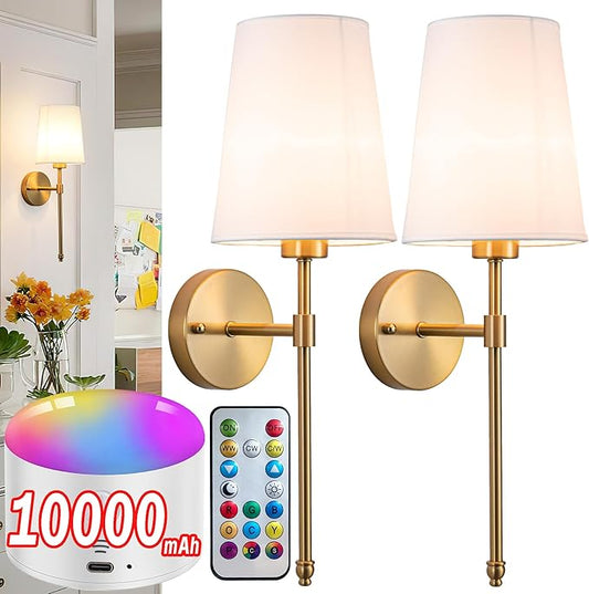 Battery Operated Wall Sconce Set of 2, Rechargeable Wall Sconce with 10000mAh Bulb and Remote, Up to 50 Hrs Use, RGB Dimmable Wireless Wall Lights for Living Room Bedroom Hallway