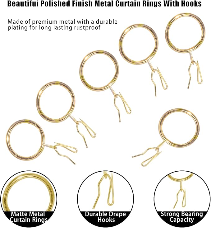 40 Pcs Metal Curtain Rings Drapery Rings Curtain Rod Rings and Metal Curtain Hooks Drapery Hooks Drapery Pins, 30 mm Internal Diameter Curtain Hanging Rings for Window Door Shower Curtain (Gold)