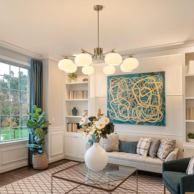 KCO Lighting 8-Lights White Glass Globe Sputnik Chandelier Mid Century Modern Gold Semi Flush Mount Ceiling Light Sputnik Chandeliers Milk Glass Ball Chandelier Kitchen Island