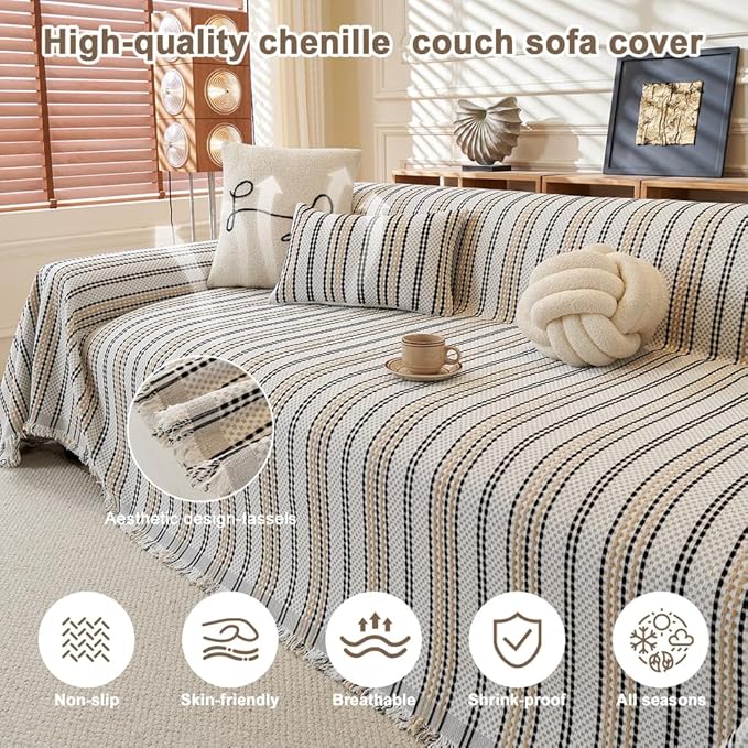 ROOMLIFE Thicked Striped Boho Khaki Couch Cover for 2-3 Cushion Sofa, Chenille Sofa Slipcovers Sectional Sofas Covers for Dog, Non Slip Washable Furniture Protector Soft with Tassel 71''X134''
