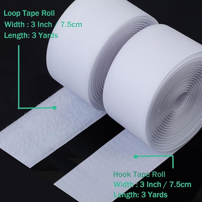 3 Inch Sew on Hook and Loop Strips | Easy to Sew | Excellent Grip | Non-Adhesive Back Nylon Fabric Fastener Strips for Clothing Sewing Crafts and DIY Projects, White, 3in x 3yd