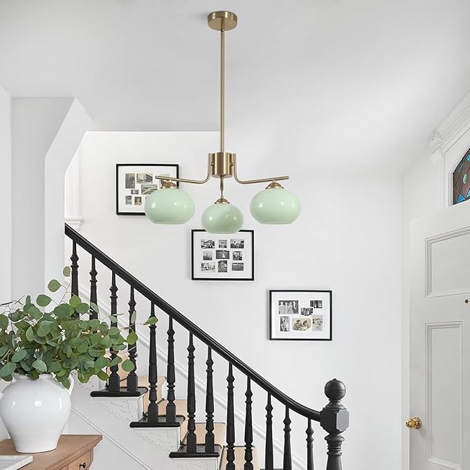KCO Lighting Vintage Green Glass Chandelier 3 Light Globe Sputnik Chandeliers Modern Brushed Gold Chandelier Mid Century Flush Mount Chandelier Light Fixture