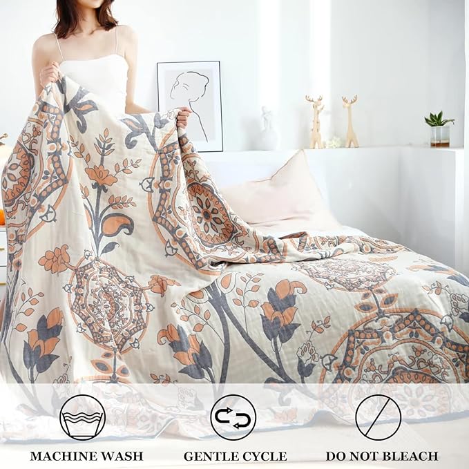 Boho Throw Blanket for Bed 100% Cotton Ultra Soft Rustic Quilt Fall Blanket Floral Printed Farmhouse Decor Bed Blankets,60"×80" All Season Rustic Throw for Sofa Couch Chair