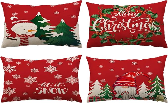 Neatee Living Christmas Pillow Covers 12x20 Set of 4 Red Xmas Vintage Throw Pillows Christmas Tree Gnome Snowman Pillow Cases Outdoor Sofa Couch Cushion Covers for Home Decorations (12 by 20)