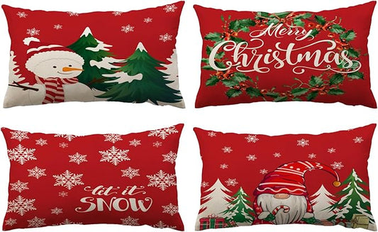 Neatee Living Christmas Pillow Covers 12x20 Set of 4 Red Xmas Vintage Throw Pillows Christmas Tree Gnome Snowman Pillow Cases Outdoor Sofa Couch Cushion Covers for Home Decorations (12 by 20)