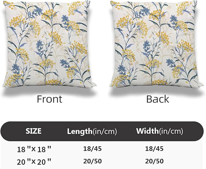Spring Summer Seasonal Pillow Covers 18x18 Inch Set of 2 Watercolor Blue Yellow Flower Throw Pillow Cover Vintage Plant Floral Square Pillowcase Cushion Cases for Home Couch Bed Sofa