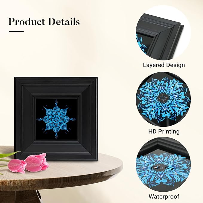 Brivoria Mandala Wall Art Home Decor, Framed Blue Celestial Bloom Mandala Artwork, Modern Spiritual Accent for Meditation Corner Desk Shelf or Bedroom, Tranquil Wall and Tabletop Display, 8x8