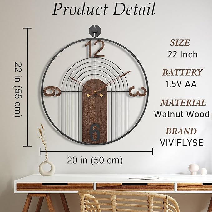 Modern Large Walnut Dial Wall Clock, Wood Metal Frame Silent Non Ticking Wall Clocks Decoration for Living Room, Bedroom, Kitchen, Study, Handmade Home Decor Present Idea, 22 Inch