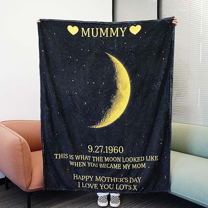 Personalized Moon Phase Throw Blanket Custom Mommy's Universe Moon Phase Fleece Blanket with Family Name Birthdate Wearable Blanket Gift for Mom Dad Father's Day Mother's Day Christmas