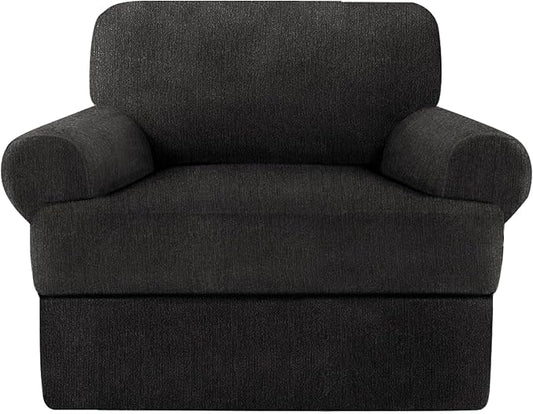 2 Pieces T Cushion Chair Covers with Arms Super Stretch Chair Slipcover for Living Room Pet Dog Universal Slip Cover Anti Slip Armchair Furniture Protector (Black, 1 Cushion)