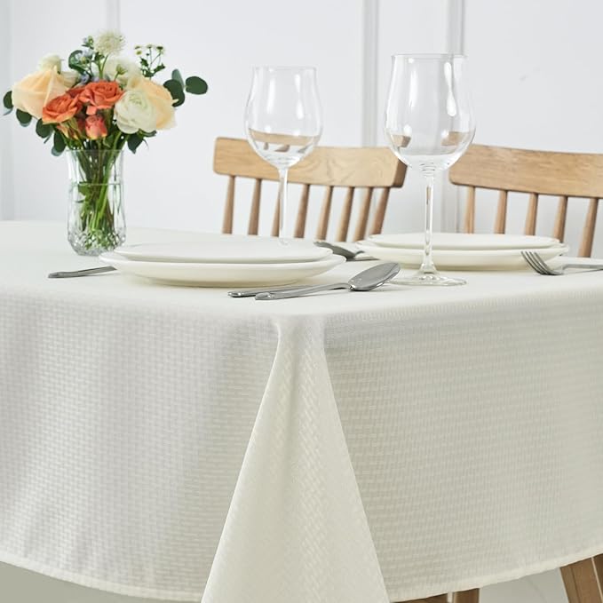 maxmill Weaved Texture Tablecloth Water Resistance Antiwrinkle Spillproof Soft Washable Table Cloth for Dining Room, Buffet Banquet Parties Holiday Dinner, Rectangular 60 x 108 Inch, Ivory