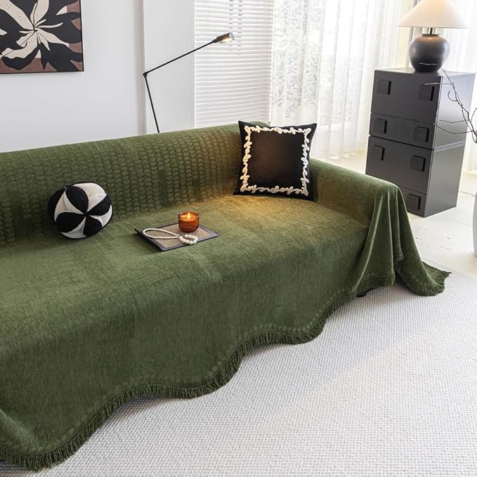 ROOMLIFE Green Sofa Cover, Vintage Boho Couch Cover for 3 Cushion Sofa, Non Slip Soft Chenille Sofa Slipcovers for Dog, Washable Furniture Sofa Protector Cover with Tassel for Living Room, 71''X150”