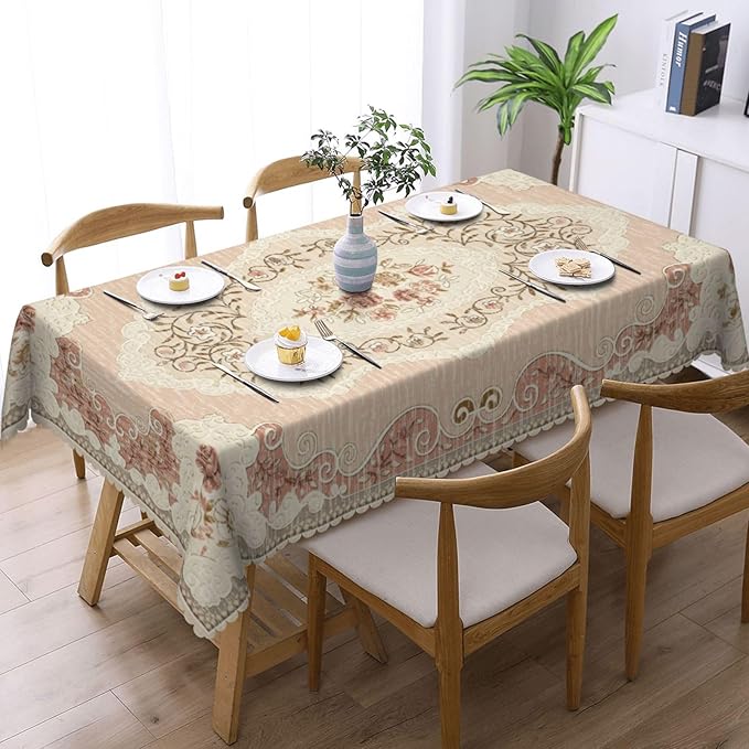 Boho Floral Pink Tablecloth for Dining Tables, Reusable Vintage Country Flowers Leaves Table Cloth Decor Retro Floral Rectangle Table Cover for Home,Kitchen,Holiday,Party, 54x72 Inch