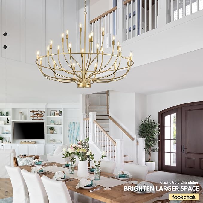 24 Light Gold Chandelier 51'' Large Candle Chandeliers for High Ceiling Foyer Brushed Brass Gold Chandelier Light Fixture for Large Living Room Dining Room Stairs Entry Restaurant Hotel