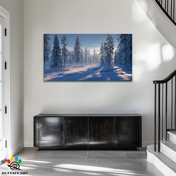GUTTATY Christmas Winter Scene Canvas Wall Art, Snowy Forest Wall Decor, Serene Pine Tree Canvas Painting, Peaceful Pictures for Living Room, Bedroom, Office, Holiday Decoration, 60x30 Inch