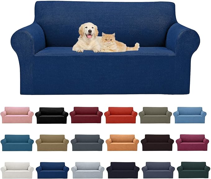 Cupuamon 2025 New Stretch Loveseat Sofa Slipcovers Couch Cover for 2 Cushion Furniture Protector Sofa Covers with Elastic Bottom Jacquard Fabric Small Checks for Pets, Kids - Classic Blue