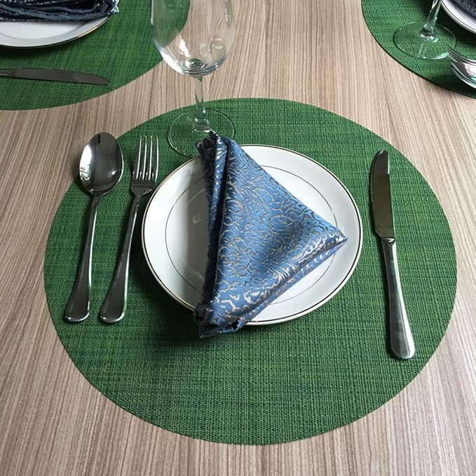 WAZAIGUR Round Placemats Set of 6 Woven Vinyl Easy to Clean Heat Resistant Kitchen Table Mats 15 Inch(Hunter Green 6)