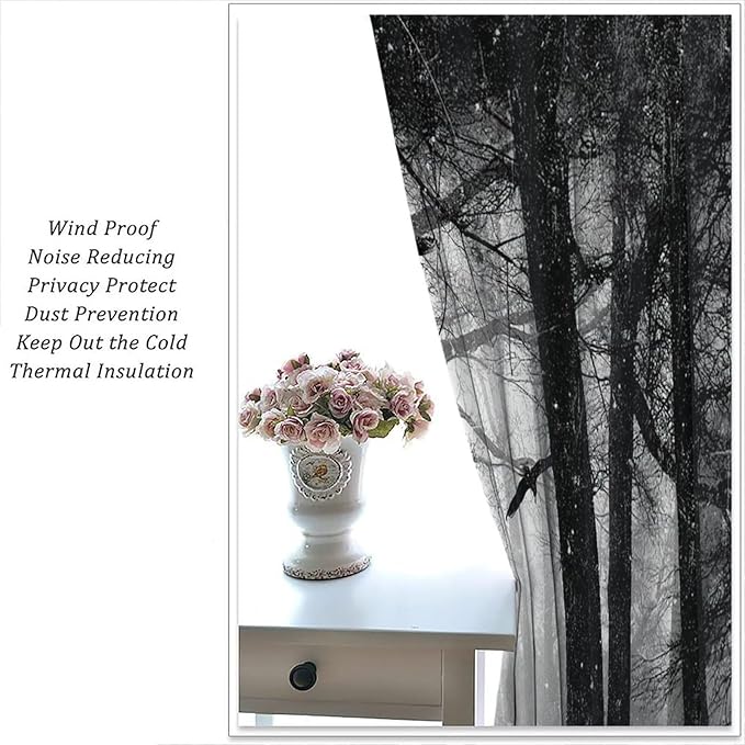 Gothic Forest Blackout Window Curtains, Halloween Style Foggy Forest Dead Trees Crow Print Curtains, for Bedroom Living Room 31.5(W)*63(L) 2 Panels