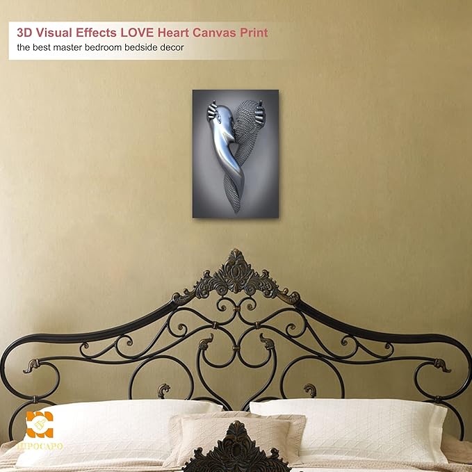 3D Metal Effect Wall Art - 3D Metal Canvas Art, Silver Modern Abstract hug Lovers Painting Picture Poster Prints for Bathroom, Romantic Couple Living Room Canvas Wall Art Framed 12”x18”x1Pcs