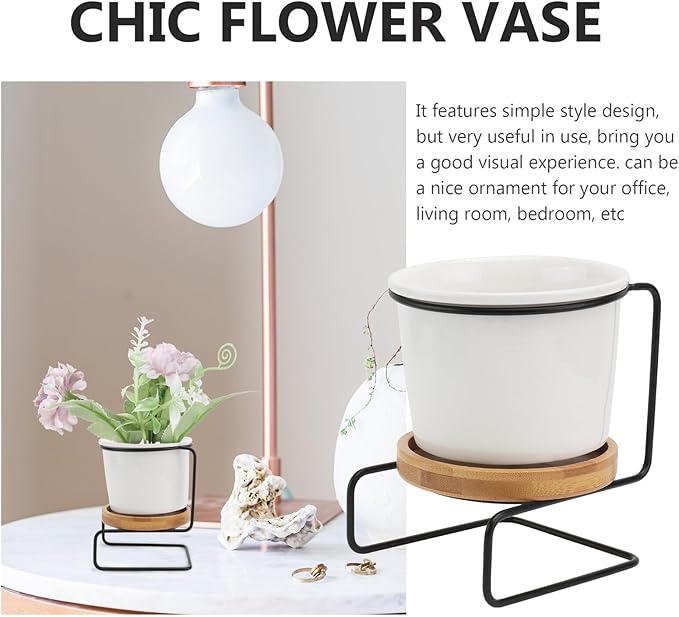 Iron Art Flower Pot Stand with Ceramic Desktop Vase Modern Chic Oval Black Planter for Home Decor Practical Flower Arrangement Container Ornament