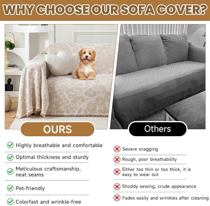 ROOMLIFE Boho Beige Couch Cover for Dogs, Washable Non Slip Furniture Protector Couch Sofa Covers for 3 Cushion Couch, Soft Breathable Sofa Slipcovers Couch Cover Throw Blanket with Tassels71''X118''