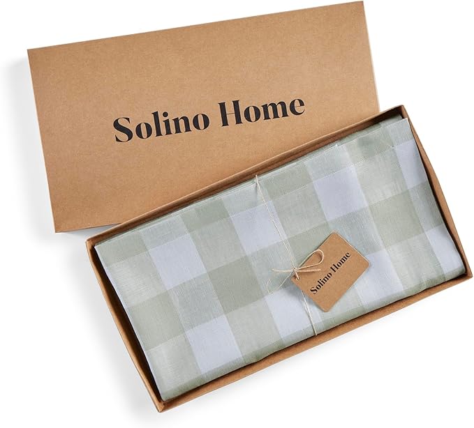 Solino Home Linen Checkered Tablecloth 60 x 120 Inch - 100% Pure Linen Sage and White Buffalo Plaid Table Cloth for Rectangle Tables - Machine Washable Tablecloth for Fall, Autumn, Christmas