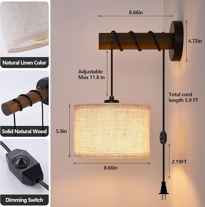 Plug in Wall Sconces Set of 2, Farmhouse Wall Lamp with 5.9FT Plug in Cord, Dimmable Hanging Wall Lighting with Fabric Shade, Adjustable Wall Mount Lights for Bedroom Living Room, Wooden Arm