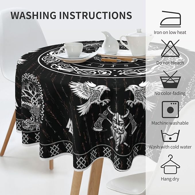 Norse Viking Tablecloth, Nordic Mythology Tree of Life Crow Ancient Mythical Viking Wolf Print Water Resisitant Table Cover for Dining Kitchen Living Room Home Party Holiday Decor 36 inch Round