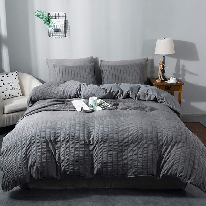 AveLom Queen Duvet Cover Set, 3 Pieces - 90 x 90 in, Dark Gray Microfiber with Zipper and Ties