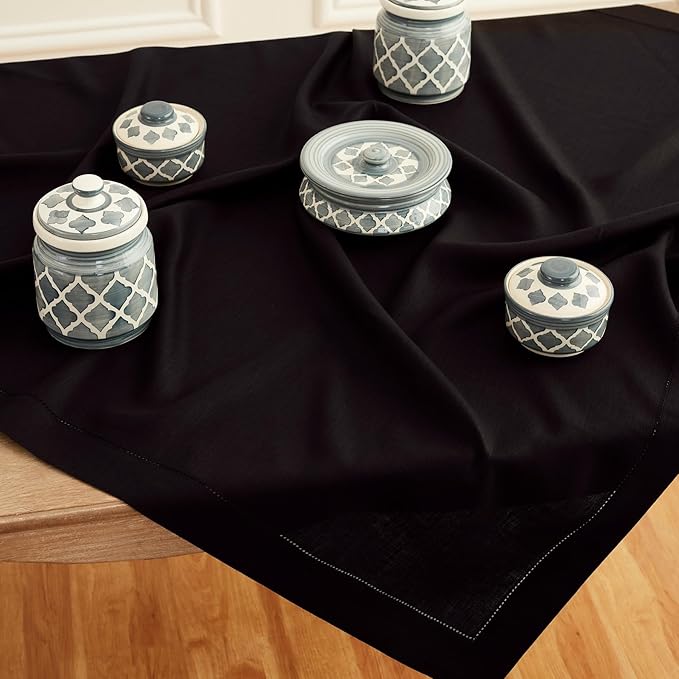 Solino Home Black Linen Tablecloth 52 x 52 Inch - 100% Pure Linen Square Table Throw - Classic Hemstitch, Machine Washable Table Cloth for Fall, Autumn, Winter, Thanksgiving, Holiday