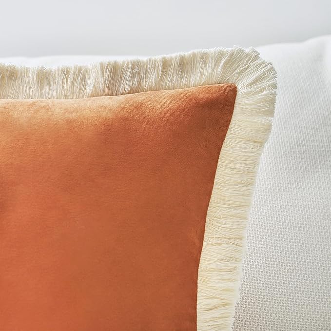 MONDAY MOOSE Decorative Throw Pillow Covers Cushion Cases, Set of 2 Soft Velvet Modern Fringe Tassel Designs, Mix and Match for Home Decor, Pillow Inserts Not Included (Orange, 18x18 inch)