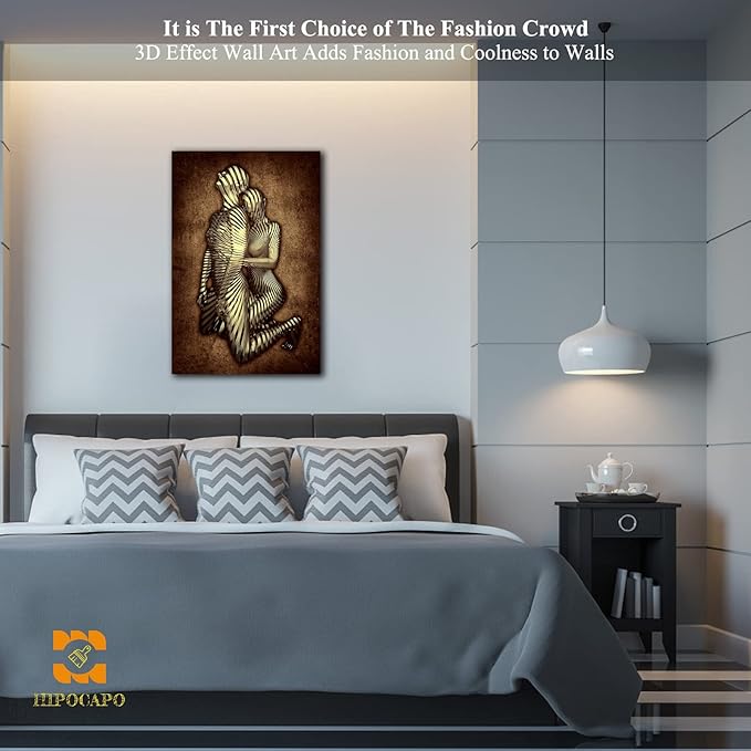 3D Metal Effect Canvas Wall Art- Gold 3D Metal Canvas Art Silver 3D Canvas Art Wall Decor for Modern Living Room, Romantic Couple Living Room Canvas Wall Art Framed 12”x18”x1Pcs