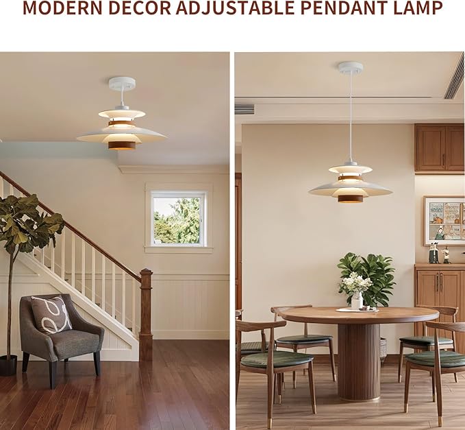 Modern Decor Adjustable Pendant Lamp Kitchen Island, Aluminum and Wood Finish,1-Light E26 Base Ceiling Hanging Light for Dining Room Shop Restaurant (White+Dark Wood Grain, 40cm)