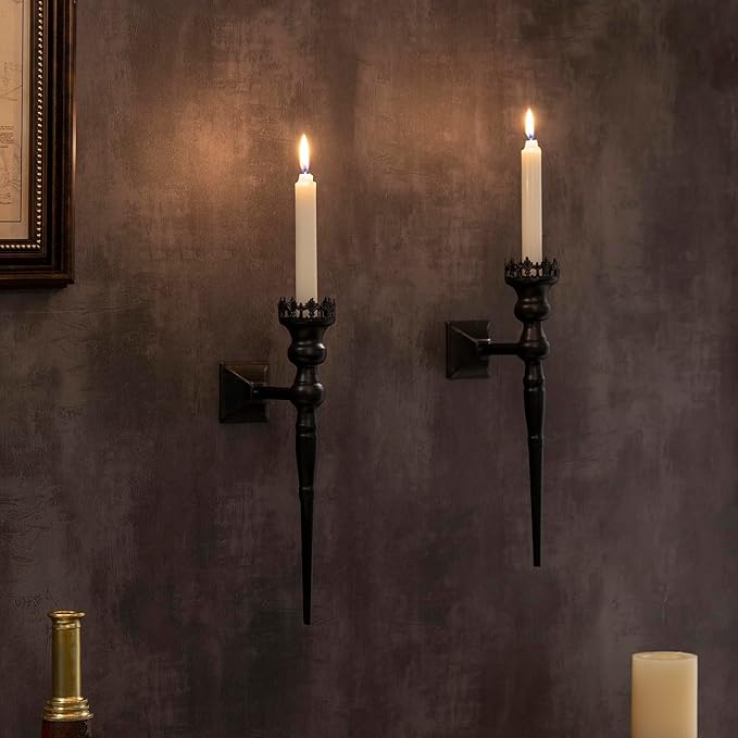 Gothic Wall Sconce Candle Holder for Taper Candles (Set of 2) Black Iron Crown and Scepter Design Victorian Wall Decor for Living Room, Bathroom,Dining Room