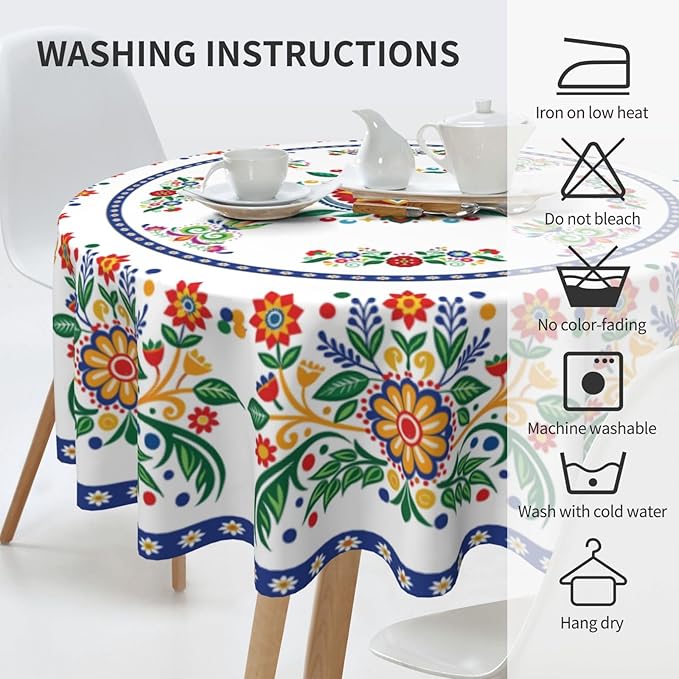 Mexican Round Tablecloth, Traditional Floral Bird Dia De Los Muertos Azulejo Mosaic Mexico Water Resisitant Table Cover for Dining Kitchen Living Room Home Party Holiday Decor 60 inch Round